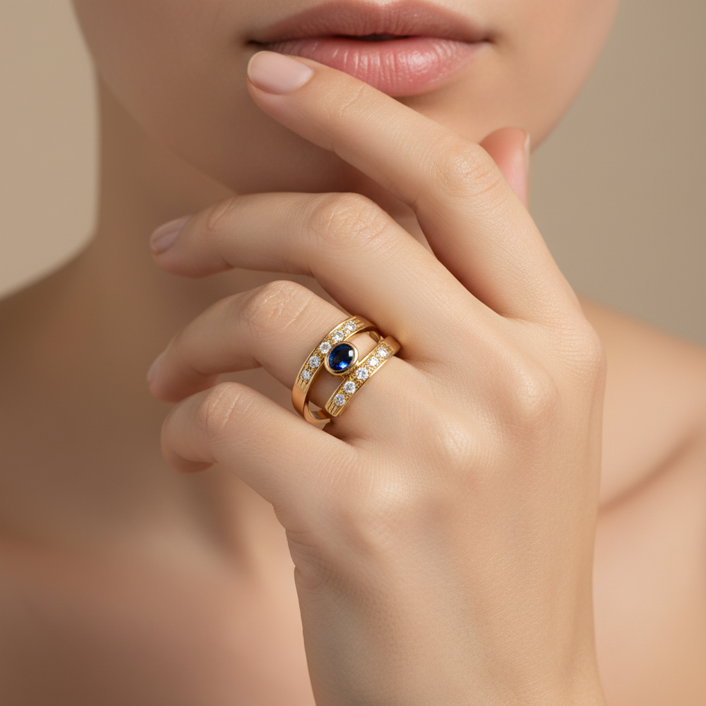 Anello - 18 carati Oro giallo - 0.41ct. tw. Zaffiro - Diamante