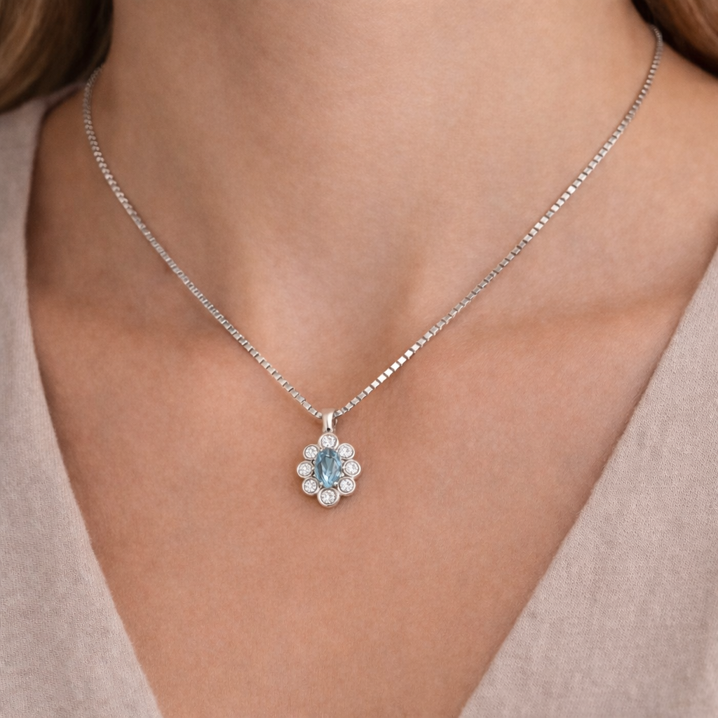 Collana con ciondolo - 18 carati Oro bianco - 0.89ct. tw. Acquamarina - Diamante