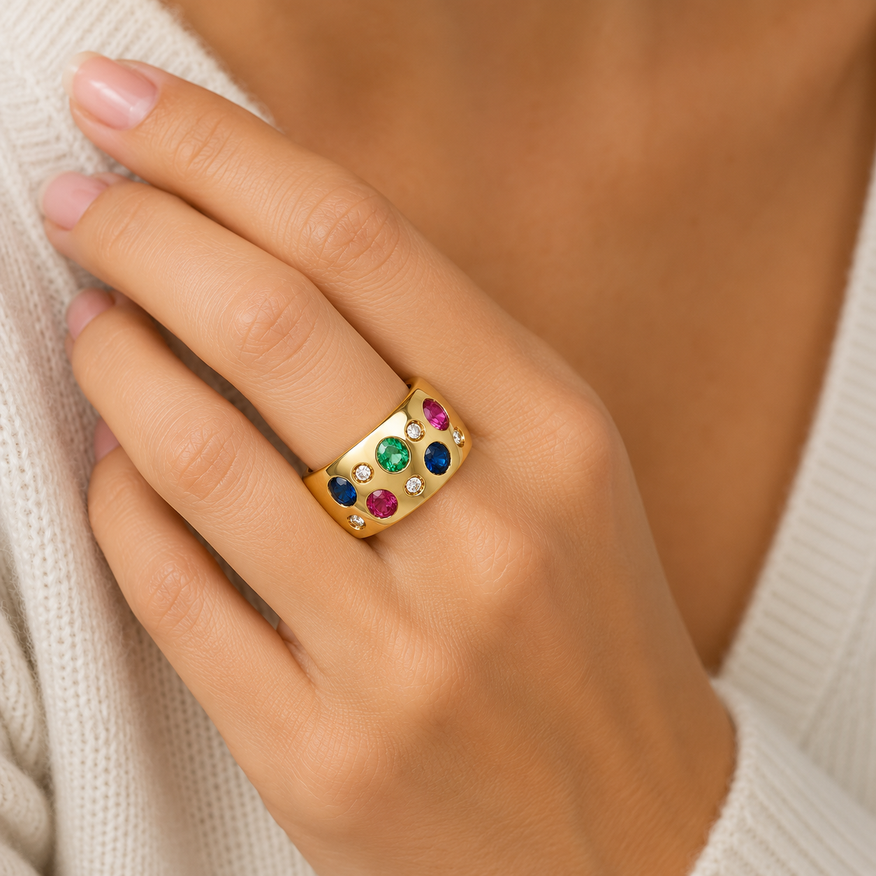 Anello - 18 carati Oro giallo, Rubino - Zaffiro - Smeraldo - Diamanti - 0.60ct. tw. - Made in Italy - Handmade