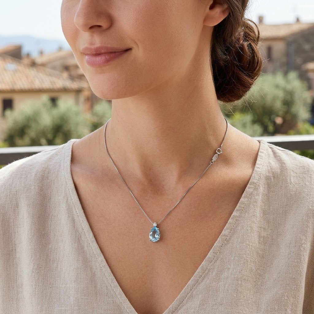 Collana con ciondolo - 18 carati Oro bianco - 1.42ct. tw. Acquamarina - Diamante - Made in Italy - Handmade