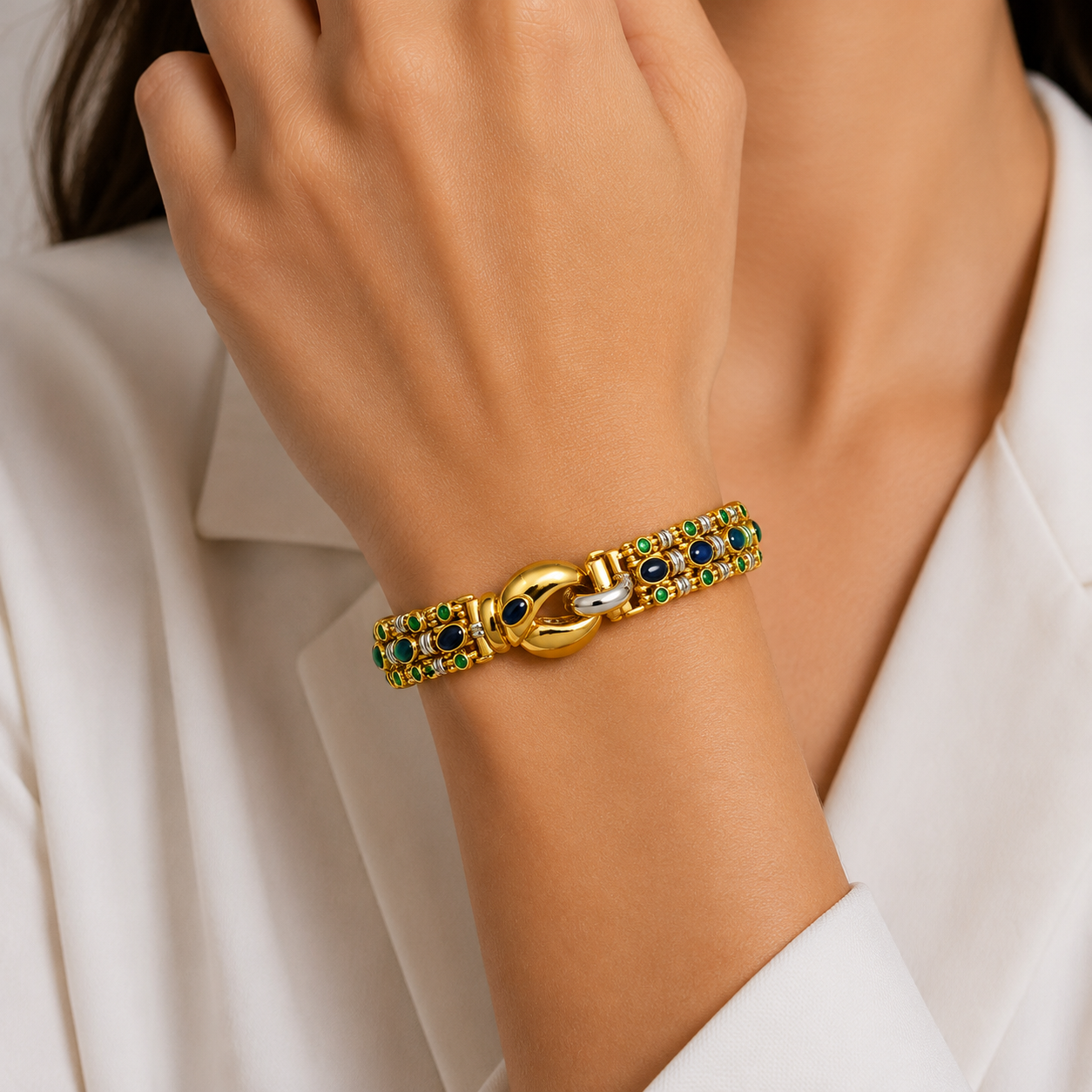 Bracciale - 18 carati Oro giallo, Oro bianco-Zaffiro - Smeraldo - Handmade - Made in Italy