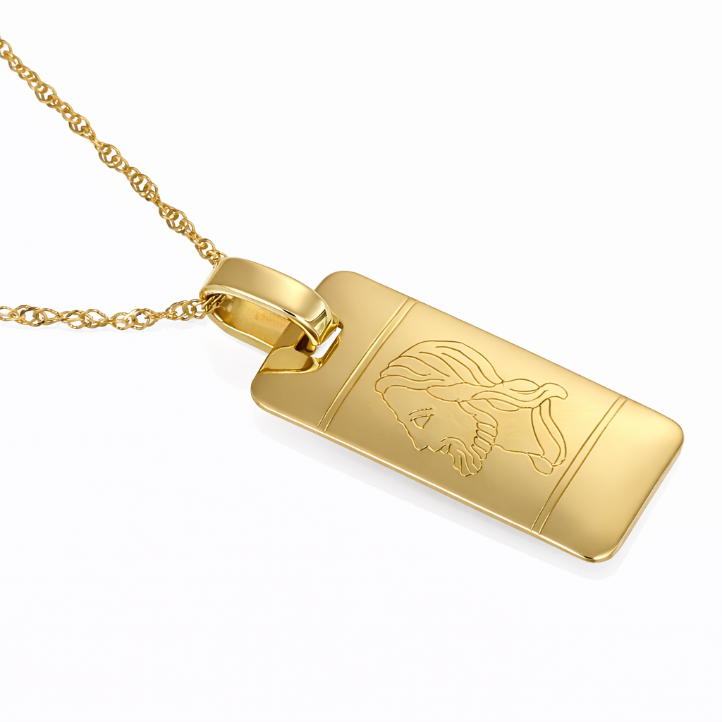 Collana unisex in oro giallo 18 carati con ciondolo rettangolare e motivo inciso figurativo
