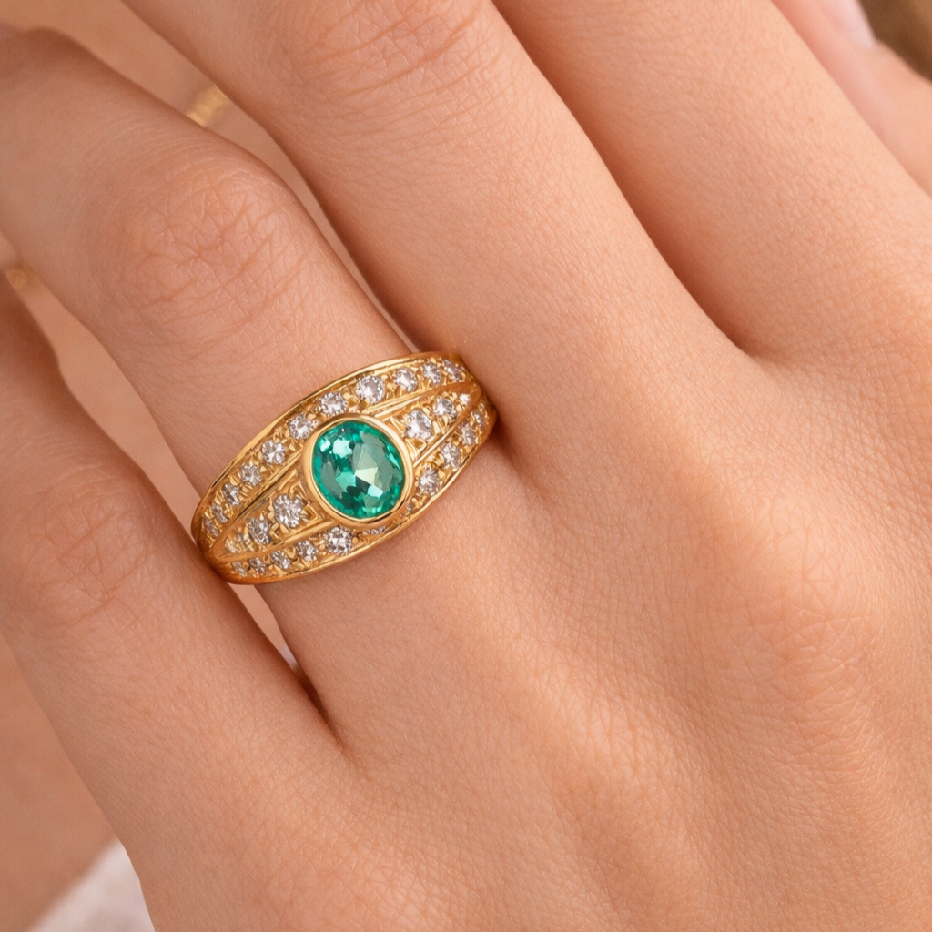 Anello - 18 carati Oro giallo - 0.89ct. tw. Smeraldo - Diamante