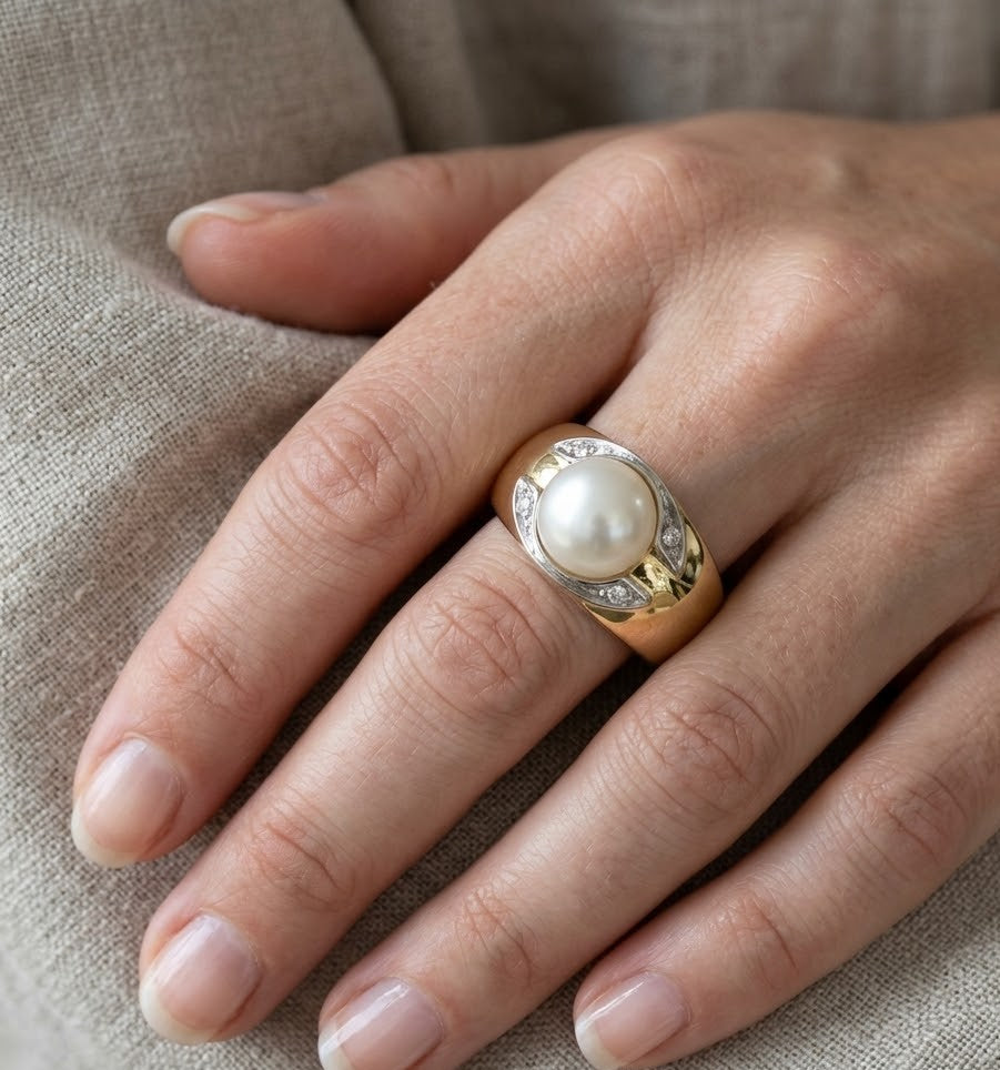 Anello - 18 carati Oro bianco, Oro giallo - 0.04ct. tw. Diamante (Naturale) - Perla