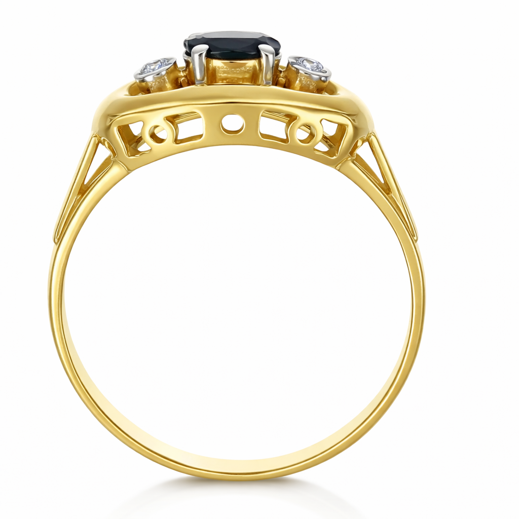 Anello da donna in oro giallo 18 carati con zaffiro centrale e due diamanti laterali