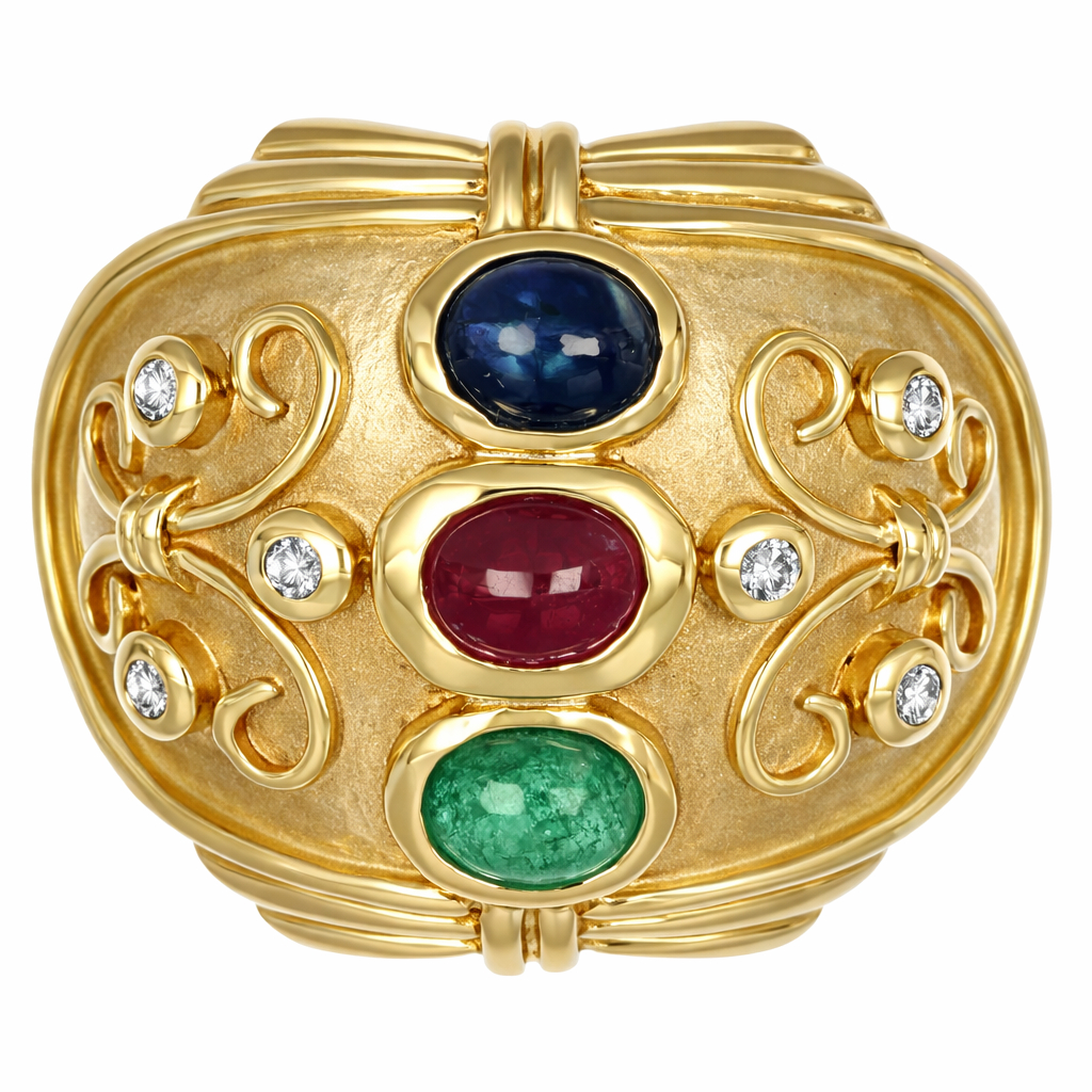 Anello - 14 carati Oro giallo, Zaffiro - Rubino - Smeraldo - Diamanti - 1.02ct. tw.