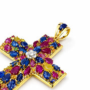 Ciondolo a croce - 18 carati Oro giallo - 6.4ct. tw. Zaffiro - Diamante
