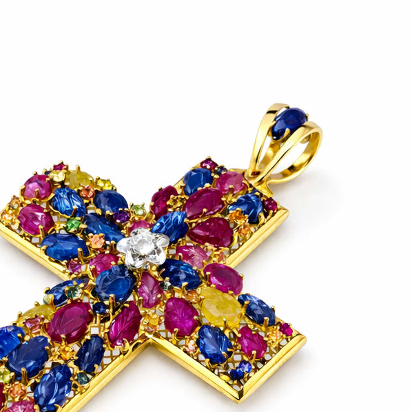 Ciondolo a croce - 18 carati Oro giallo - 6.4ct. tw. Zaffiro - Diamante