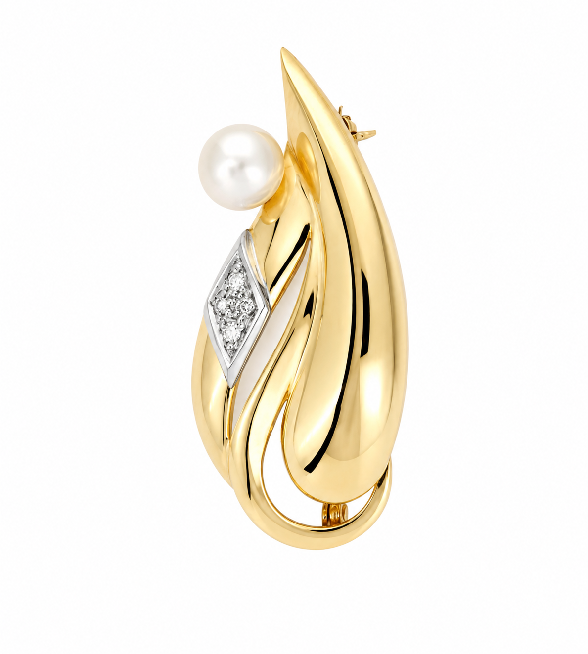Spilla - 18 carati Oro bianco, Oro giallo - 0.08ct. tw. Diamante (Naturale) - Perla - Made in Italy - Handmade