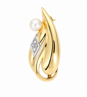 Spilla - 18 carati Oro bianco, Oro giallo - 0.08ct. tw. Diamante (Naturale) - Perla - Made in Italy - Handmade