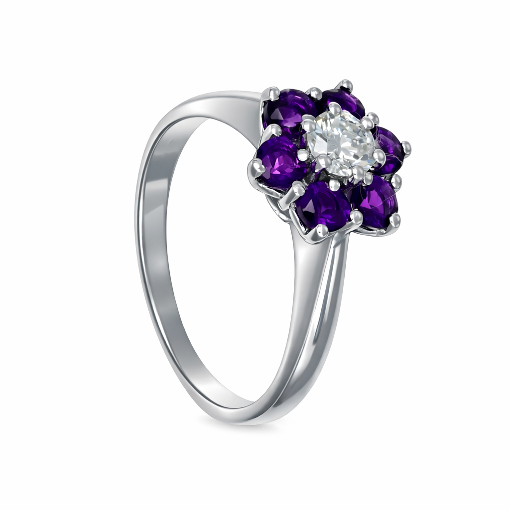 Anello - 18 carati Oro bianco - 0.93ct. tw. Ametista - Diamante