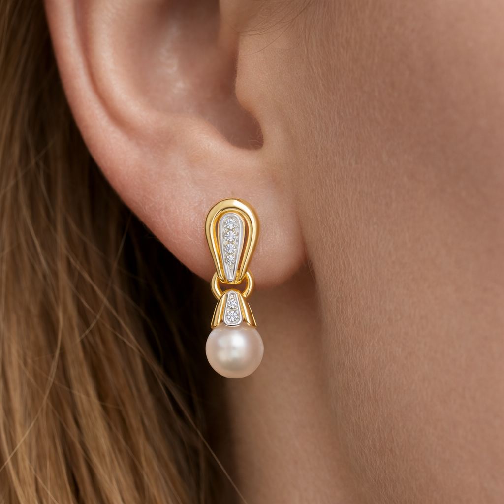 Orecchini - 18 carati Oro bianco, Oro giallo - 0.12ct. tw. Diamante (Naturale) - Perla
