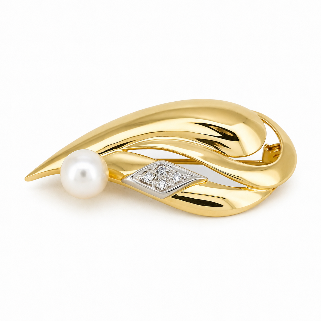 Spilla - 18 carati Oro bianco, Oro giallo - 0.08ct. tw. Diamante (Naturale) - Perla - Made in Italy - Handmade