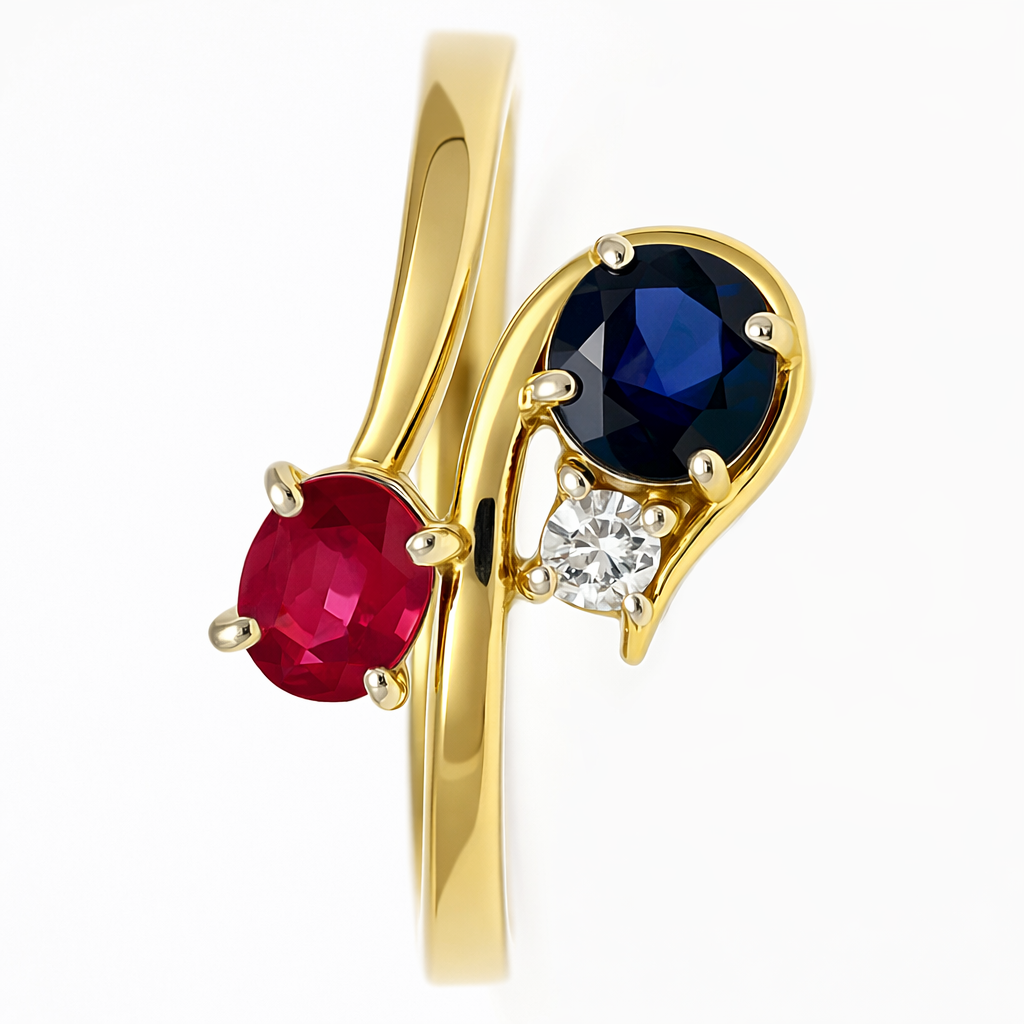 Anello - 18 carati Oro giallo, Zaffiro - Rubino - Diamante - 0.72ct. tw.