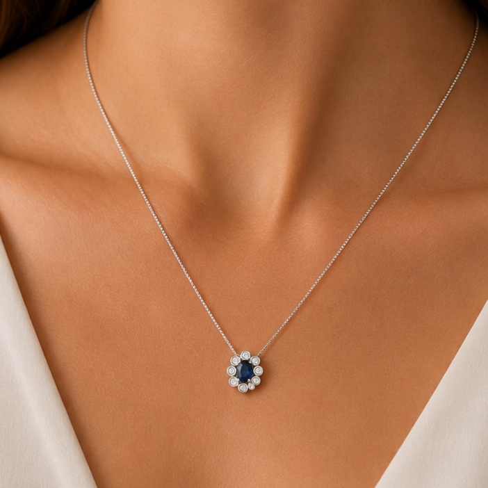 Collana con ciondolo - 18 carati Oro bianco - 1.06ct. tw. Zaffiro - Diamante