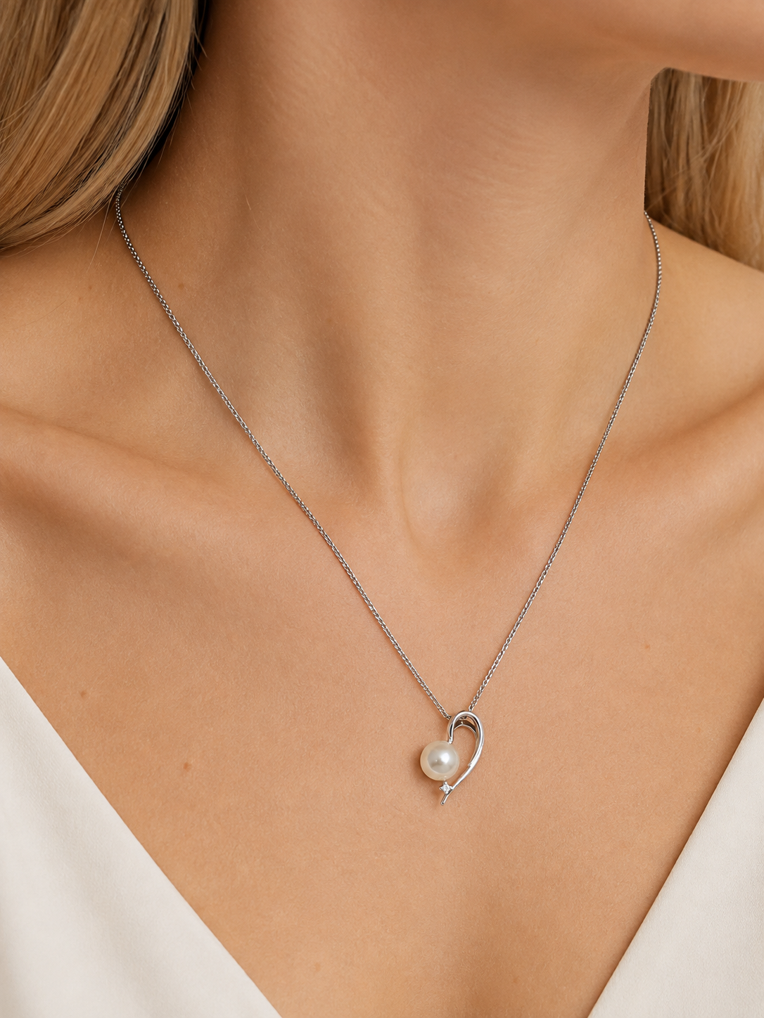 Collana con ciondolo - 18 carati Oro bianco - 0.01ct. tw. Diamante (Naturale) - Perla - Made in Italy - Handmade