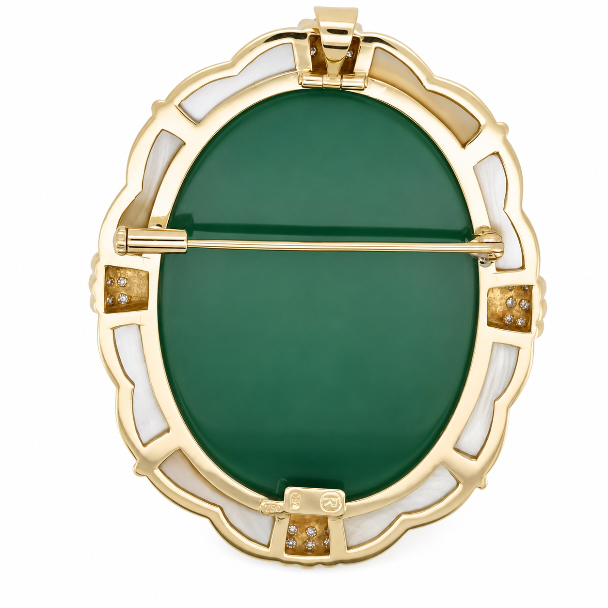 Spilla - 18 carati Oro giallo, Madreperla con Cameo lavorato con agata verde - 0.36ct. tw. Diamante (Naturale) - Made in Italy - Handmade
