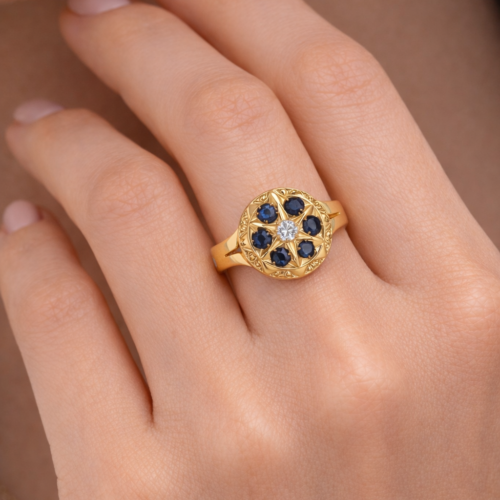 Anello in Oro Giallo , &nbsp;18 carati con n 1 Diamanti da 0.03 ct &nbsp;zaffiro 6 da 0.03 Ct tot 0.18