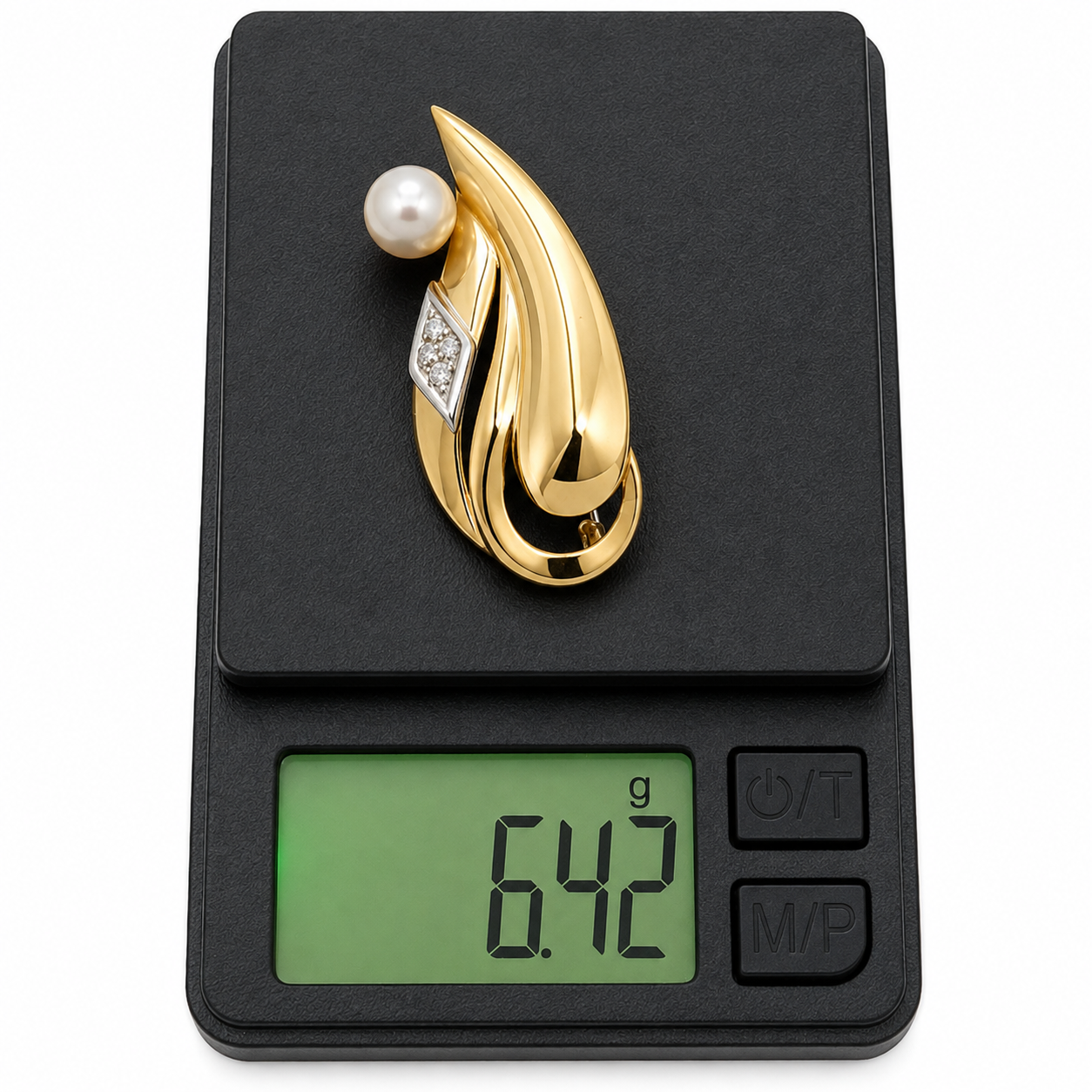 Spilla - 18 carati Oro bianco, Oro giallo - 0.08ct. tw. Diamante (Naturale) - Perla - Made in Italy - Handmade