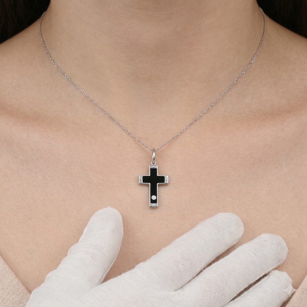 Collana con ciondolo - 18 carati Oro bianco - 0.01ct. tw. Onice - Diamante