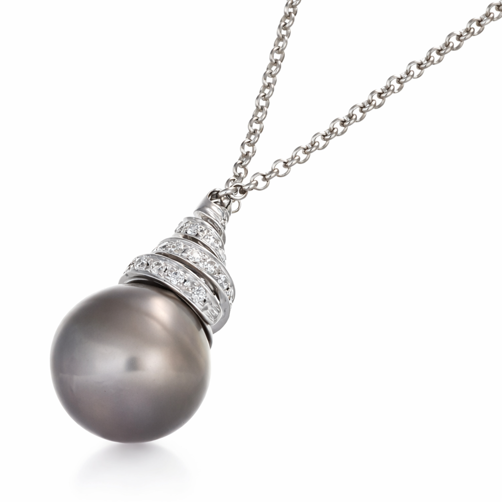Collana - 18 carati Oro bianco - 0.06ct. tw. Diamante (Naturale) - Perla - Perla Tahiti 7.20 mm