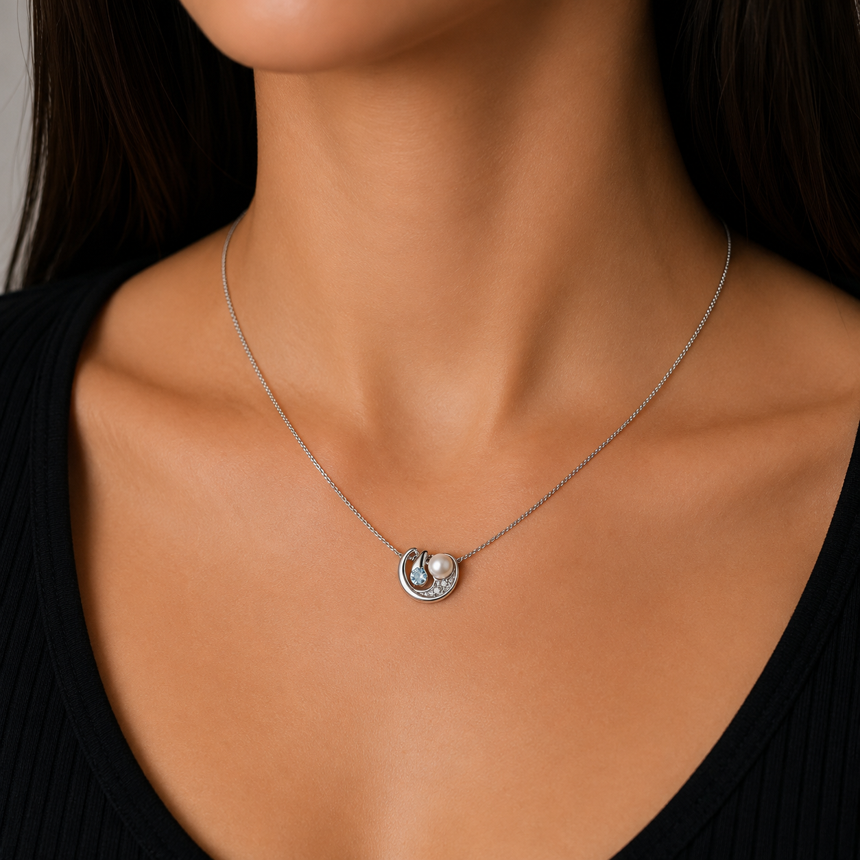 Collana con ciondolo - 18 carati Oro bianco, Perla Akoya - 0.18ct. tw. Acquamarina - Diamante - Made in Italy - Sishei