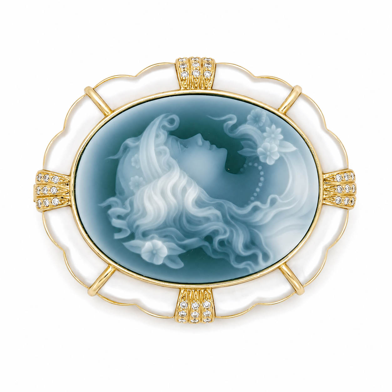 Spilla - 18 carati Oro giallo, Madreperla con Cameo lavorato con agata verde - 0.36ct. tw. Diamante (Naturale) - Made in Italy - Handmade