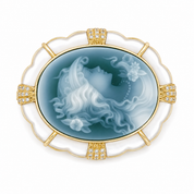Spilla - 18 carati Oro giallo, Madreperla con Cameo lavorato con agata verde - 0.36ct. tw. Diamante (Naturale) - Made in Italy - Handmade
