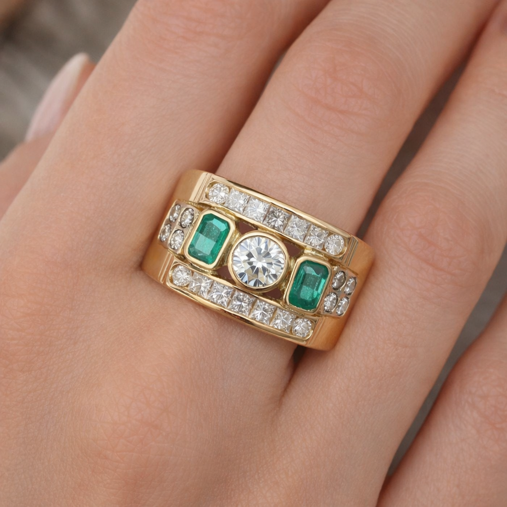 Anello - 18 carati Oro giallo - 1.44ct. tw. Smeraldo - Diamante