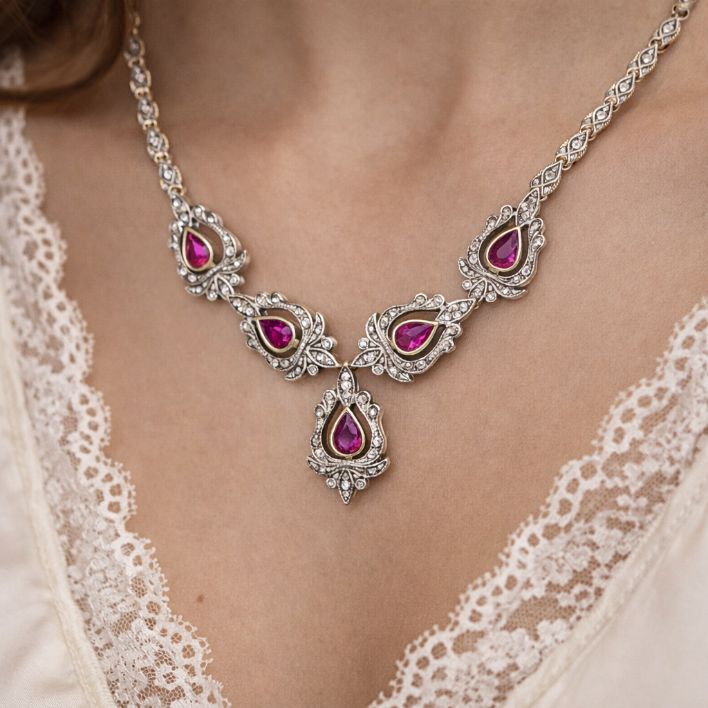 Collana - 18 carati Argento, Oro bianco - 10.13ct. tw. Rubino - Diamante