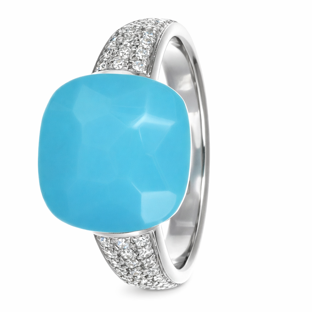Anello - 18 carati Oro bianco - 5.32ct. tw. Turchese - Diamante