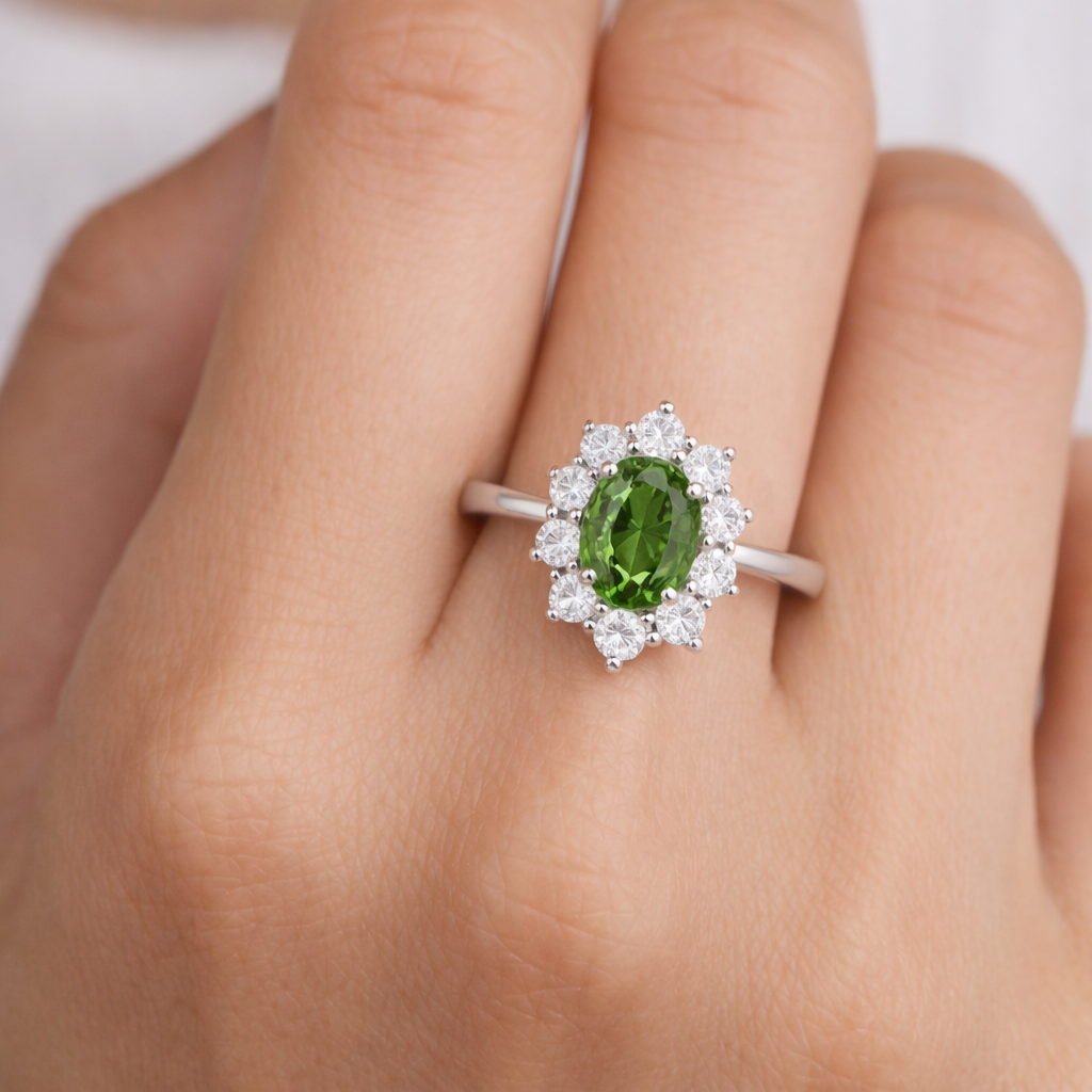 Anello - 18 carati Oro bianco - 1.09ct. tw. Peridoto - Diamante