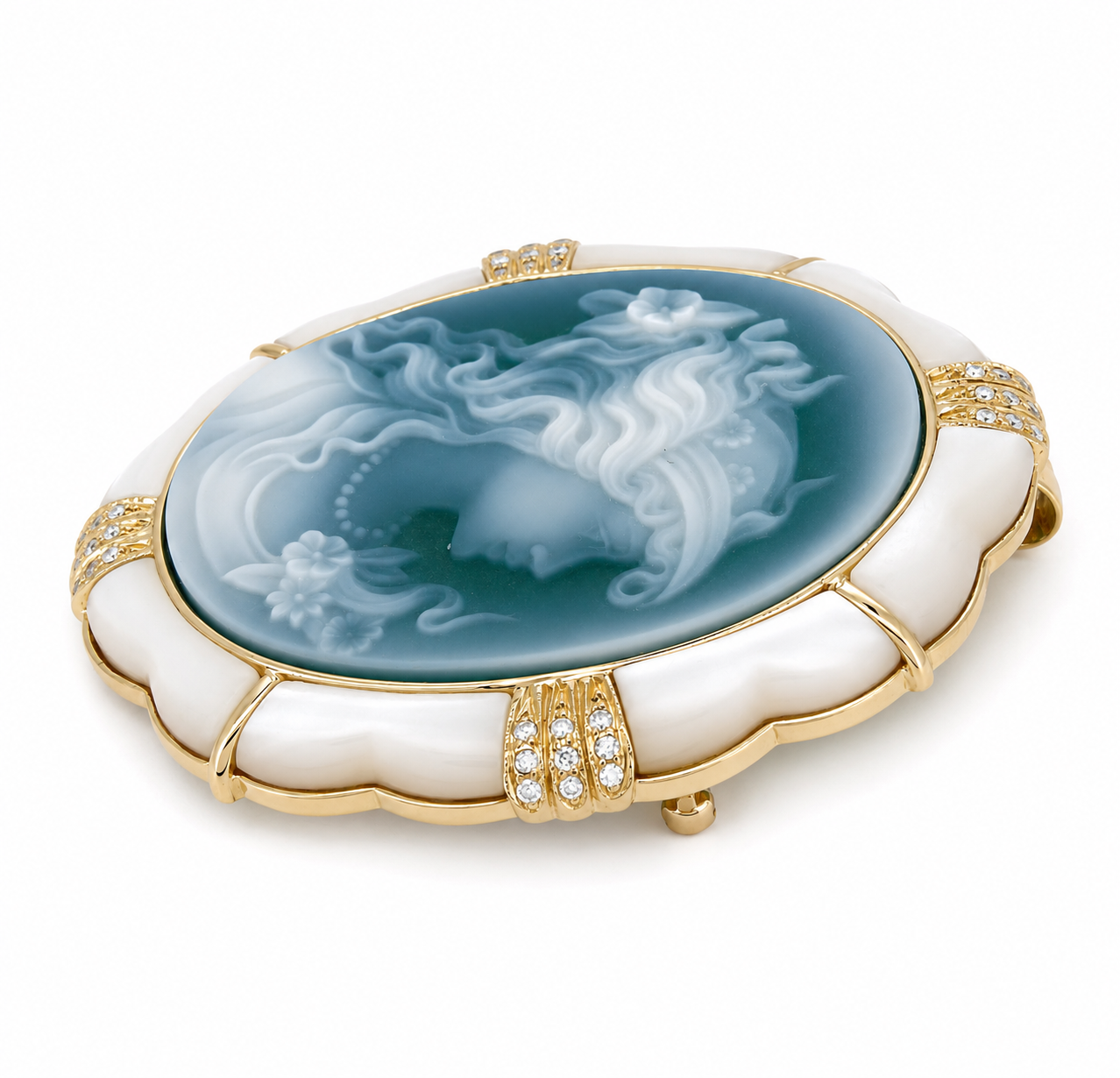 Spilla - 18 carati Oro giallo, Madreperla con Cameo lavorato con agata verde - 0.36ct. tw. Diamante (Naturale) - Made in Italy - Handmade
