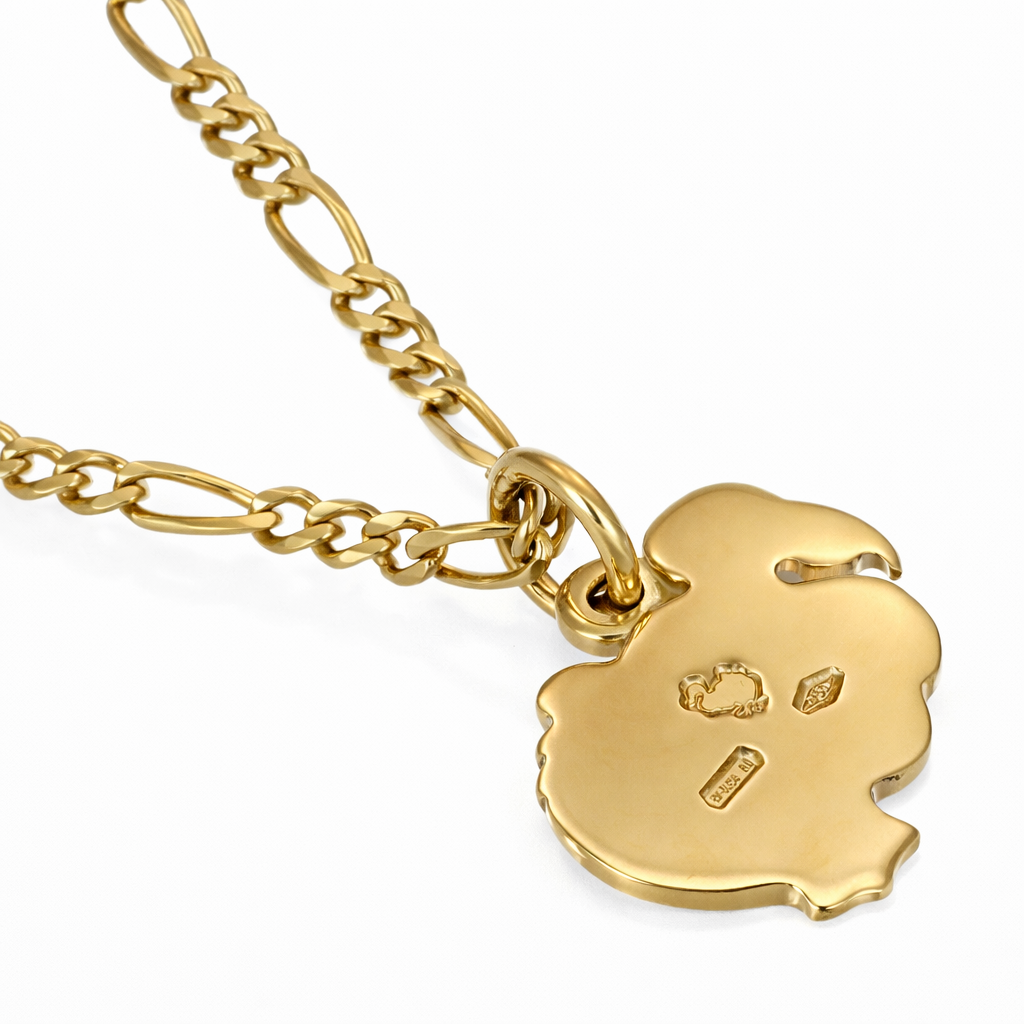 Collana unisex in oro giallo 18 carati con maglia alternata dal disegno classico e ciondolo