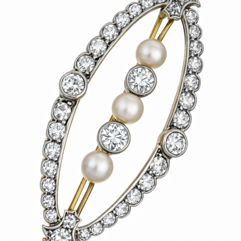 Spilla - 18 carati Oro giallo, Argento - 2.19ct. tw. Diamante (Naturale) - Perla