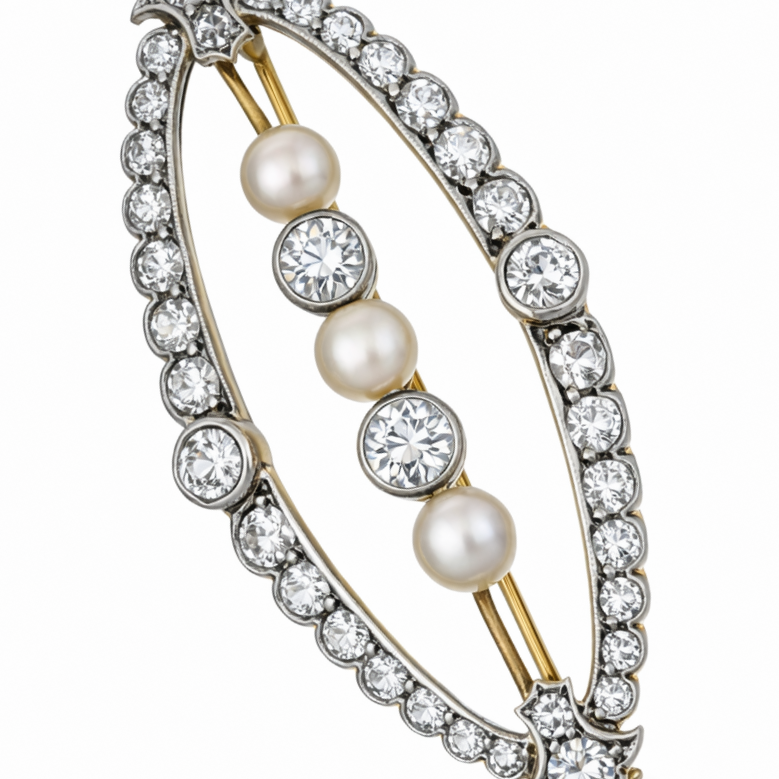Spilla - 18 carati Oro giallo, Argento - 2.19ct. tw. Diamante (Naturale) - Perla