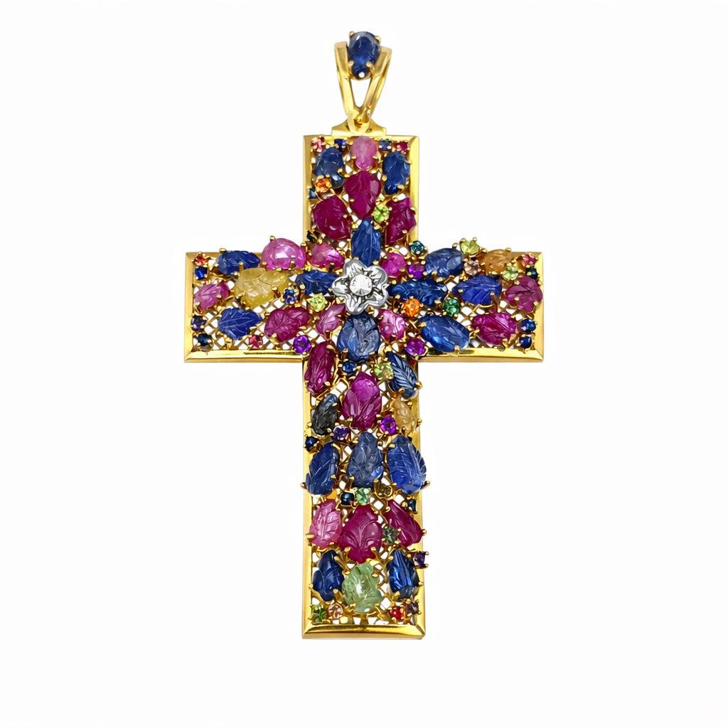 Ciondolo a croce - 18 carati Oro giallo - 6.4ct. tw. Zaffiro - Diamante