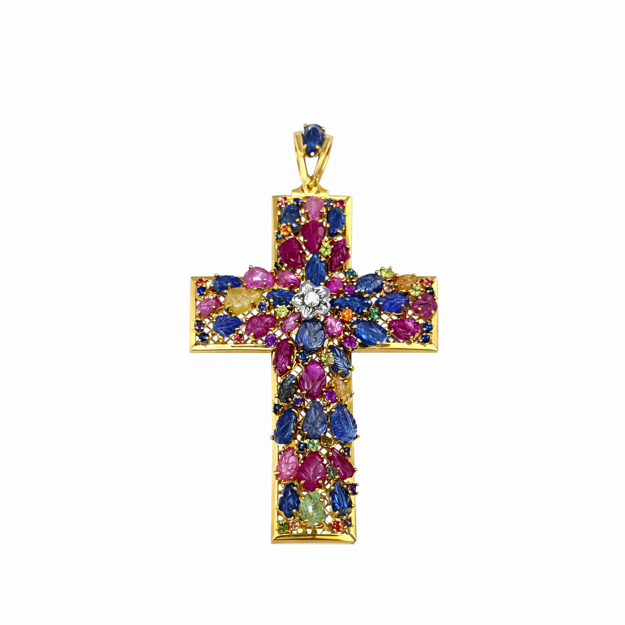 Ciondolo a croce - 18 carati Oro giallo - 6.4ct. tw. Zaffiro - Diamante