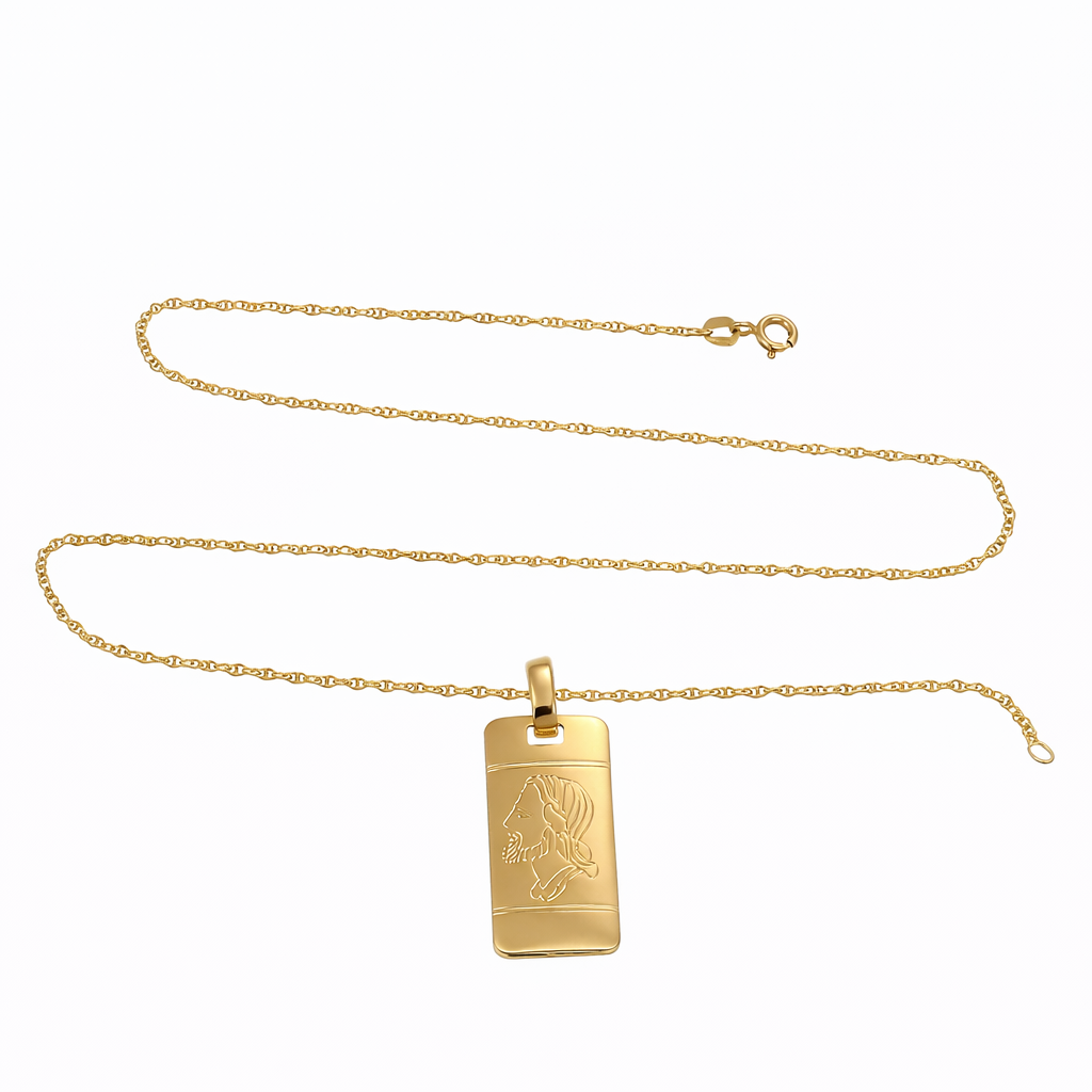 Collana unisex in oro giallo 18 carati con ciondolo rettangolare e motivo inciso figurativo