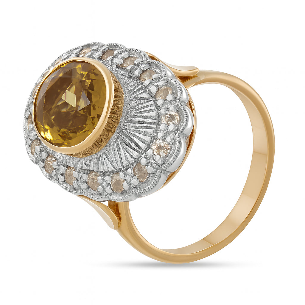 Anello in Oro giallo 14 carati e Argento 800 - Quarzo   Diamanti