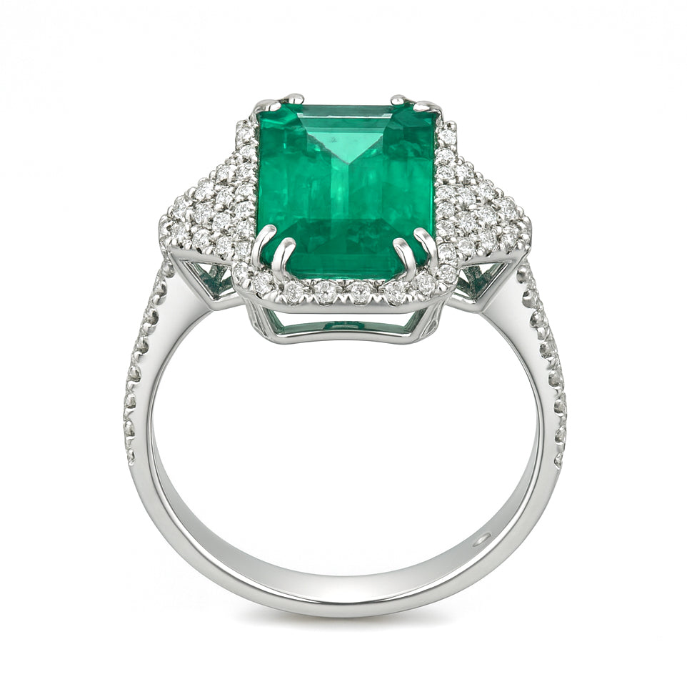 Anello - 18 carati Oro bianco - 7.16ct. tw. Smeraldo - Diamante