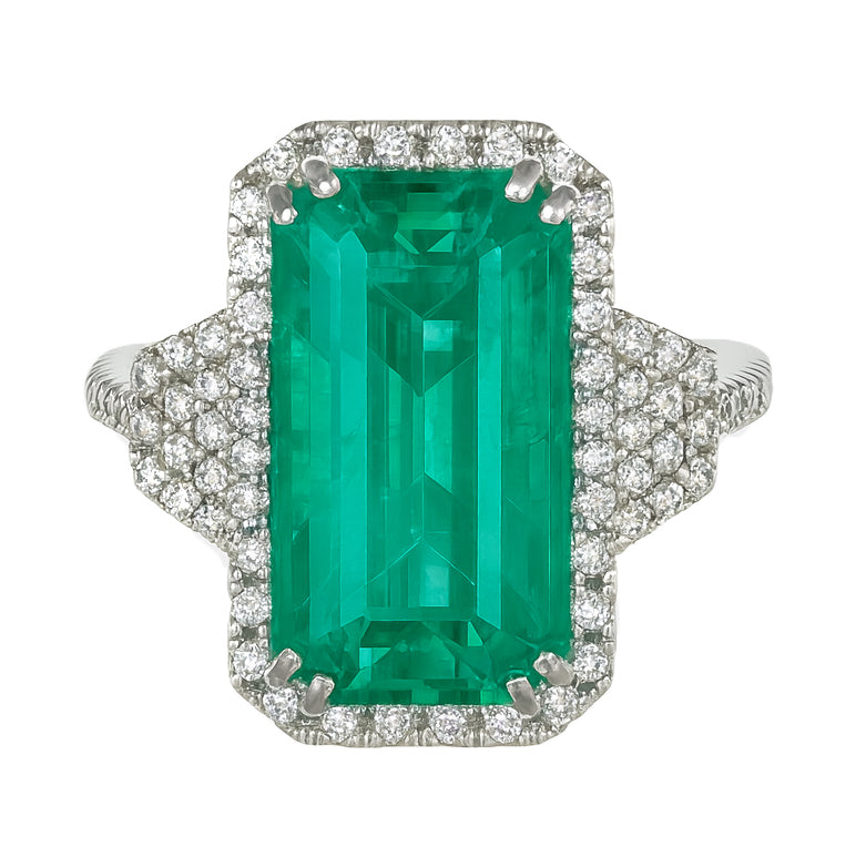 Anello - 18 carati Oro bianco - 7.16ct. tw. Smeraldo - Diamante