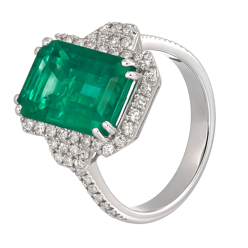 Anello - 18 carati Oro bianco - 7.16ct. tw. Smeraldo - Diamante