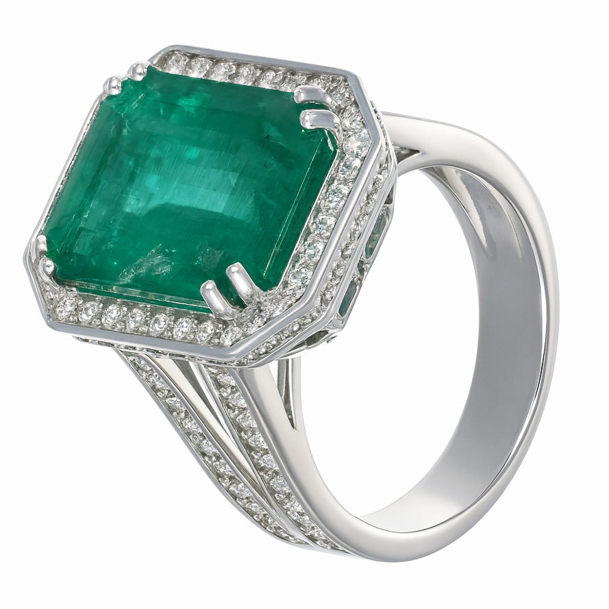 Anello - 18 carati Oro bianco - 10.20ct. tw. Smeraldo - Diamante