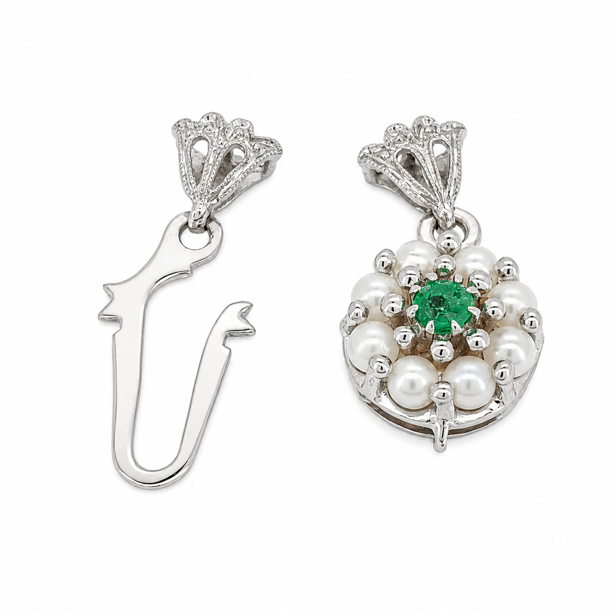 Chiusura per collana - 18 carati Oro bianco Perla - Smeraldo - Made in Italy - Handmade