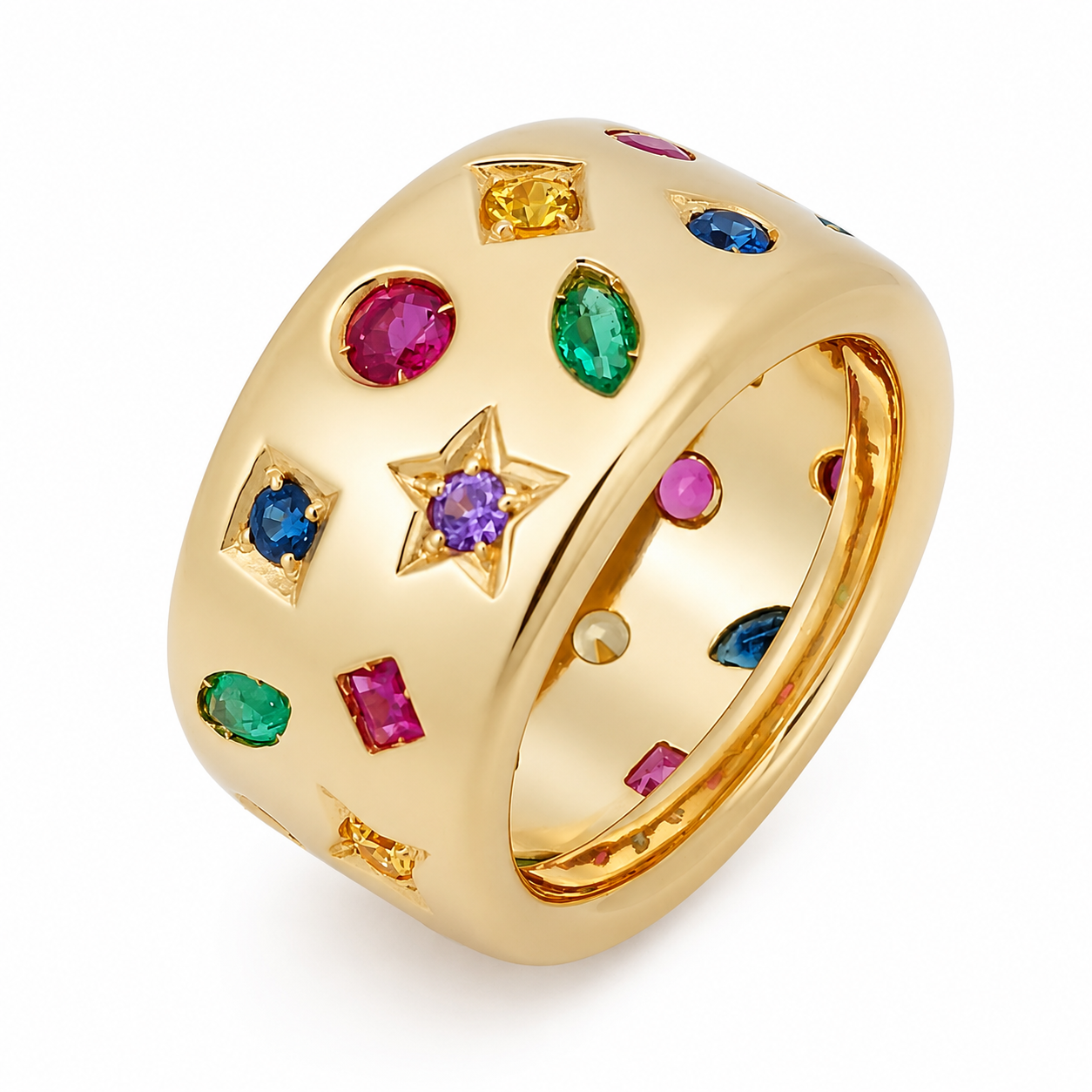 Anello - 18 carati Oro giallo, Zaffiri - Rubini - Smeraldi - Quarzi - Ametista naturali - Made in Italy - Handmade