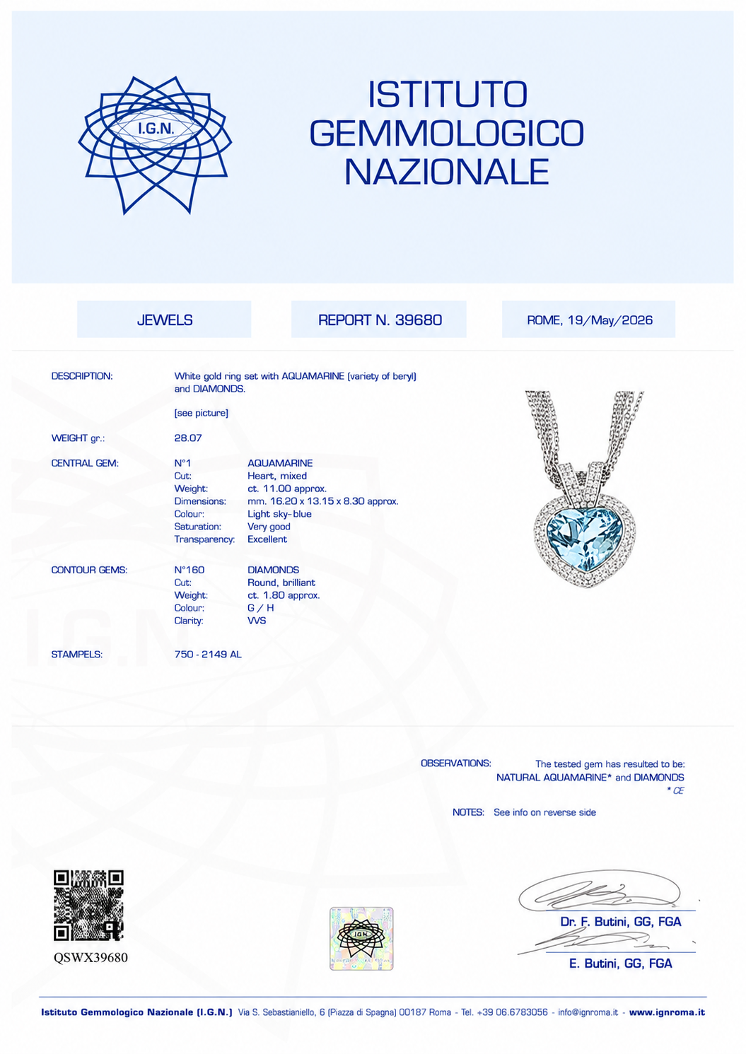 Collana con ciondolo - 18 carati Oro bianco - 12.80ct. tw. Acquamarina - Diamante - Made in Italy - Handmade