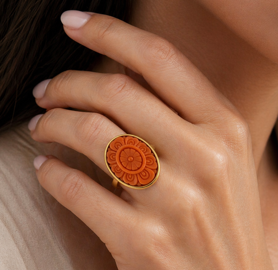 Anello - 18 carati Oro giallo Corallo