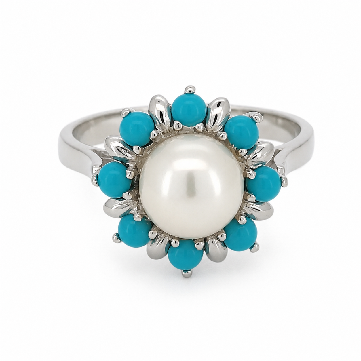 Anello - 18 carati Oro bianco Turchese - Perla - Made in Italy - Handmade