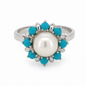 Anello - 18 carati Oro bianco Turchese - Perla - Made in Italy - Handmade